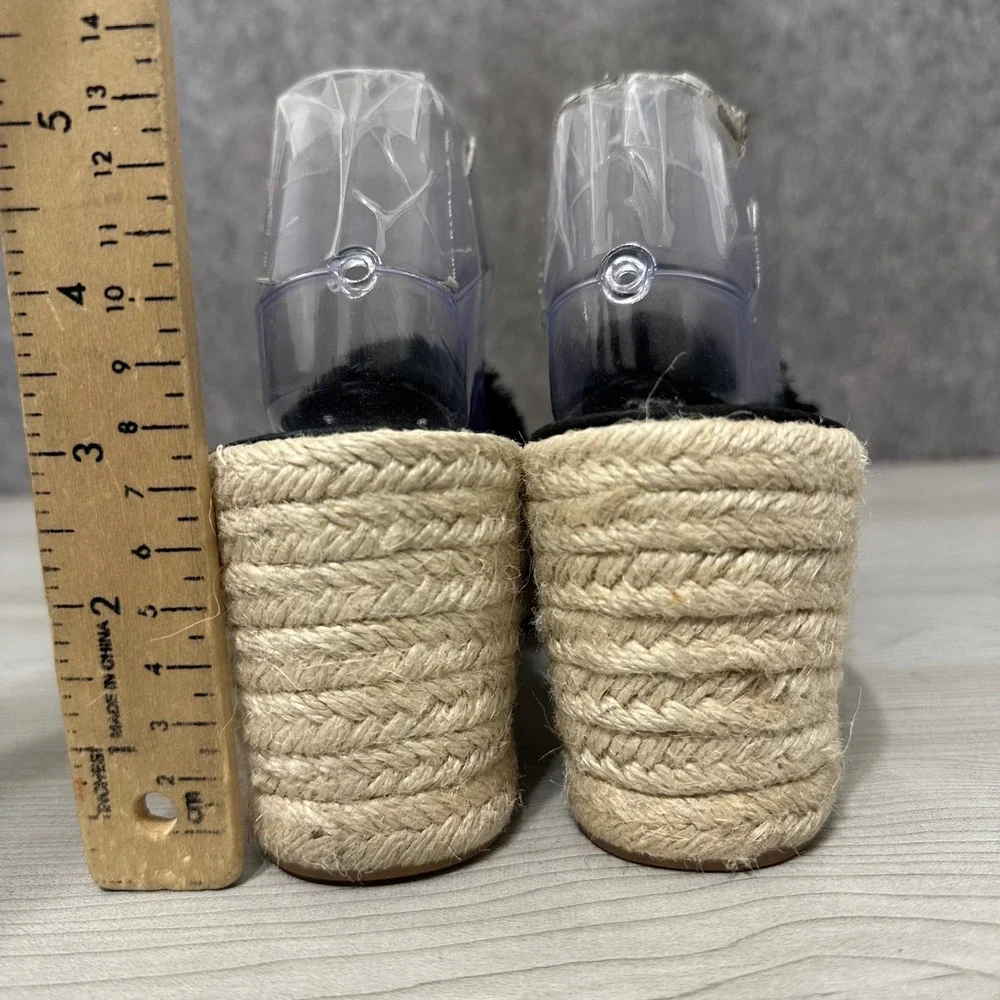 Lauren Ralph Lauren Carlynda Espadrille Wedge Women 11 Blk Linen Frayed Sandals
